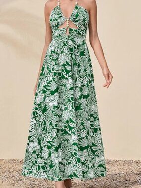 Women Floral Maxi Boho Beads Halter Cut Out Beach Vacation Sundress